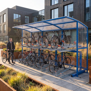 Rydale Minor two tier 30 bike shelter in RAL 5005 Signal Blue at a tech park