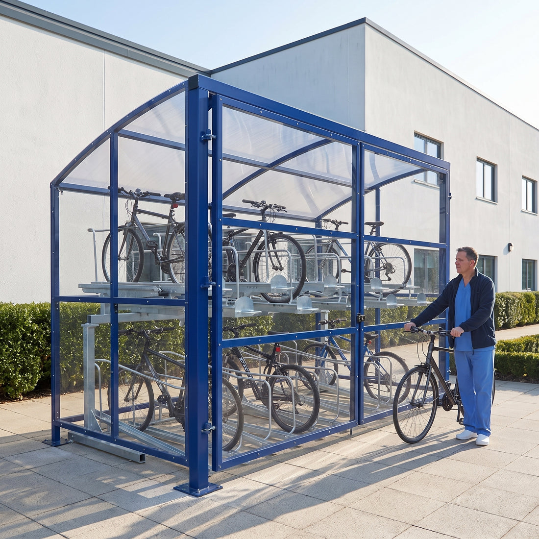 Rydale two tier 20 bike shelter in RAL 5002 Ultramarine Blue at a hospital
