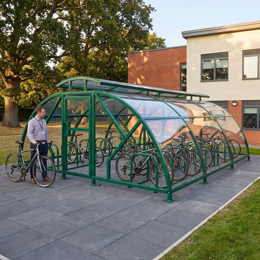 20 cycle Salisbury closed compound bike shelter with vented roof in RAL 6005 Moss Green at a school