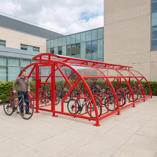 40 cycle Salisbury closed compound bike shelter with vented roof in red at a hospital