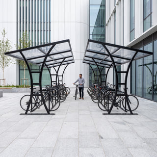 Double-sided 20 bike shelter in jet black at a medical research campus