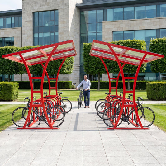Double-sided 20 bike shelter in traffic red at a corporate headquarters