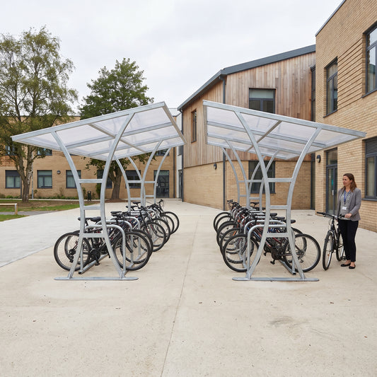 Double-sided 28 bike shelter in galvanised finish at a school