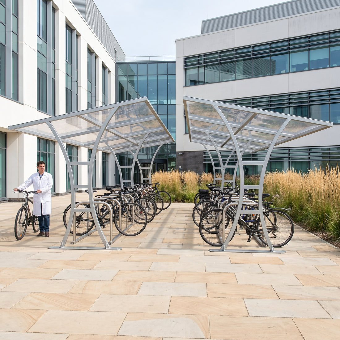 Double-sided 40 bike shelter in galvanised finish at a science research institute