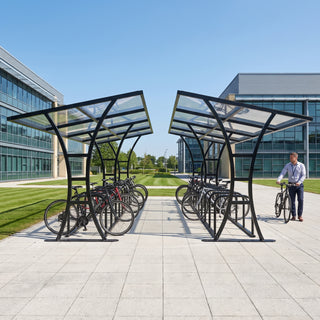 Double-sided 40 bike shelter in jet black at a business park