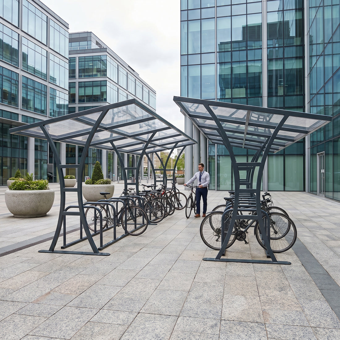 Tavistock Double 48 bike shelter in Anthracite Grey at a business park plaza