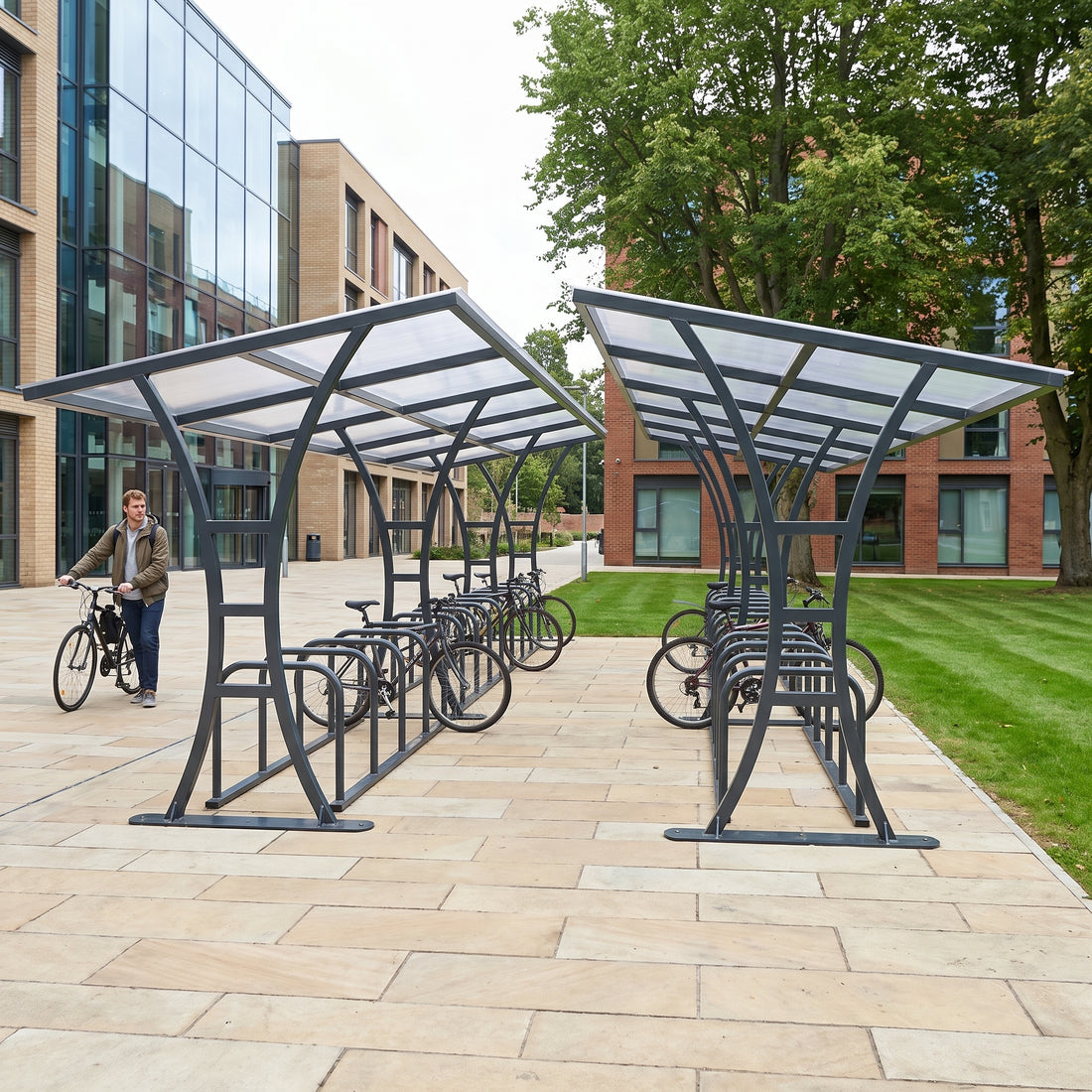 Tavistock Double 60 bike shelter in Anthracite Grey at a university campus