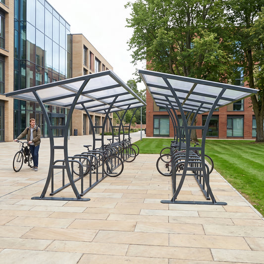 Tavistock Double 60 bike shelter in Anthracite Grey at a university campus