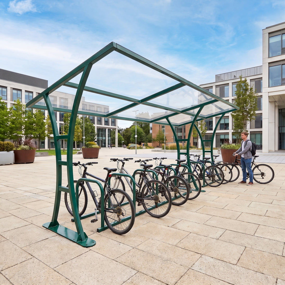 14 bike cycle shelter in Moss Green with bicycles parked on a university campus