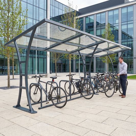 20 bike cycle shelter in anthracite grey at a corporate business park