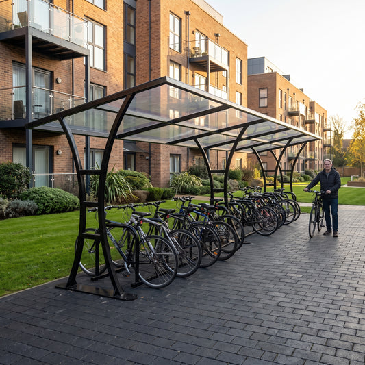 24 bike cycle shelter in jet black at a residential apartment complex