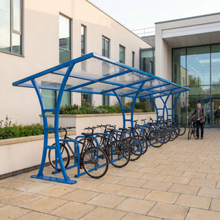 24 bike cycle shelter in traffic blue outside a civic centre