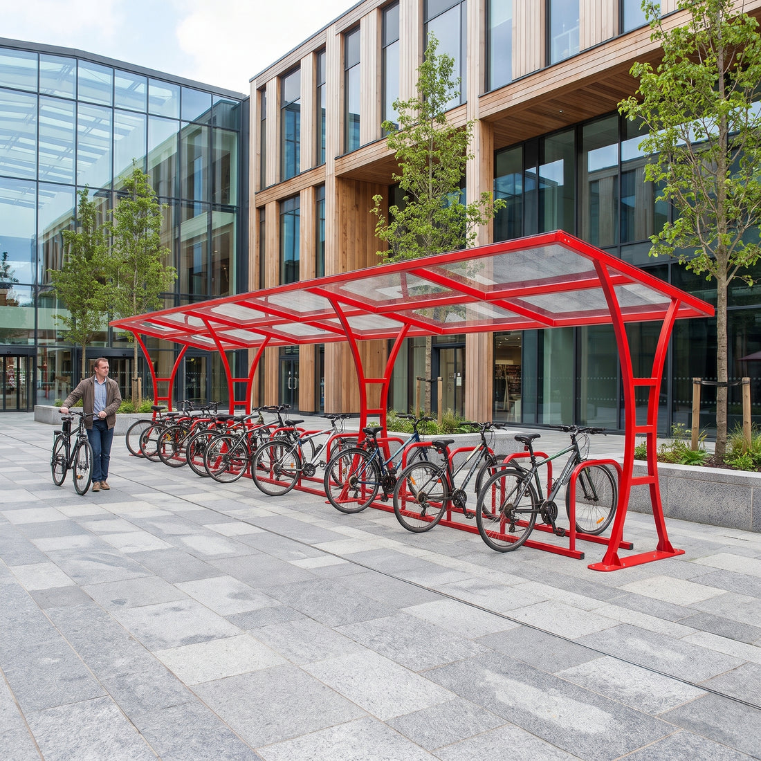 30 bike cycle shelter in traffic red at a shopping centre