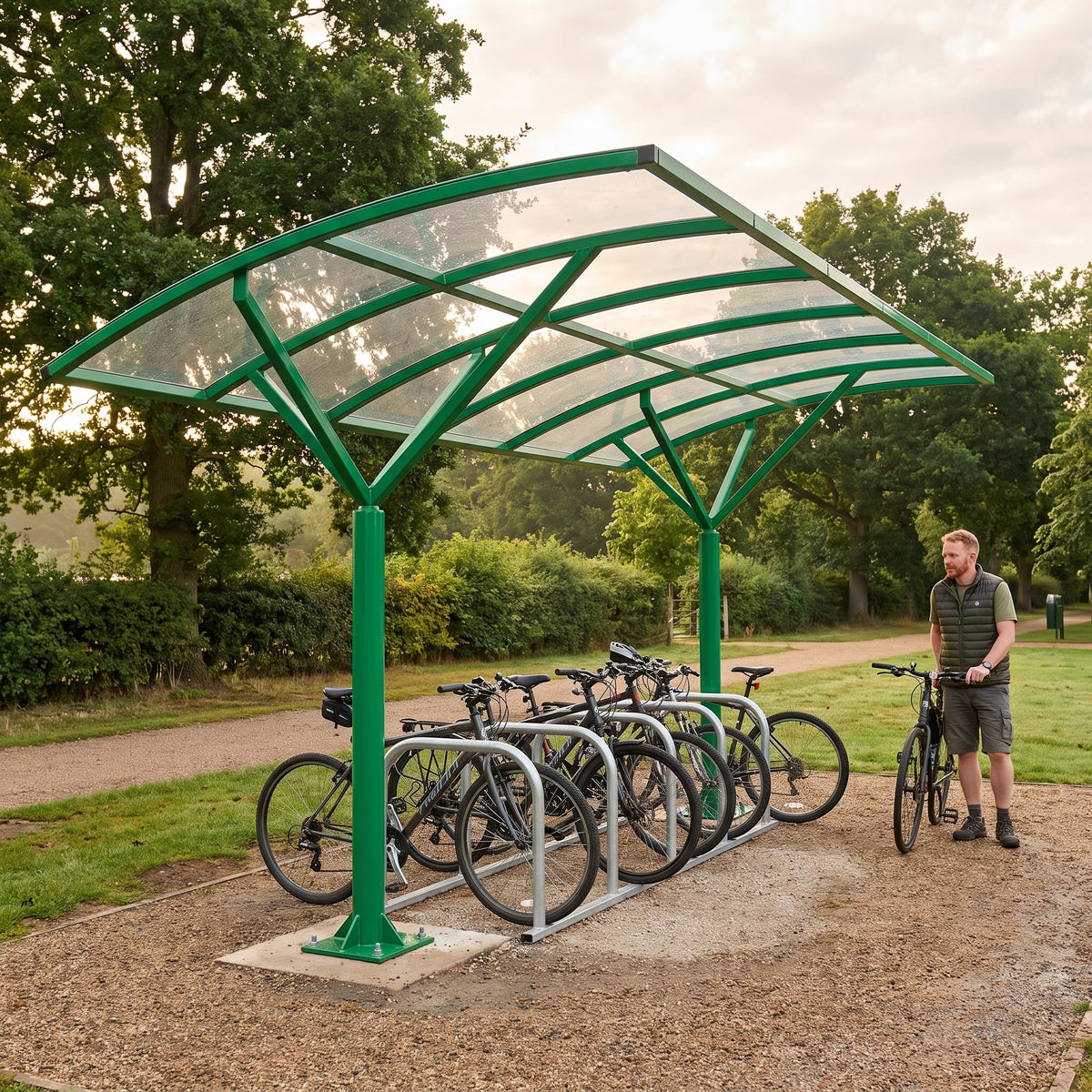 10 cycle wave roof bike shelter in Traffic Green at a UK country park with a cyclist arriving by bike