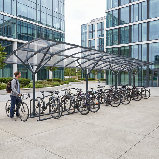 28 cycle bike shelter in Anthracite Grey with bicycles parked on a university campus