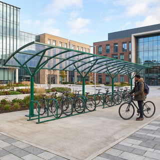 28 cycle bike shelter in Moss Green with bicycles parked on a university campus